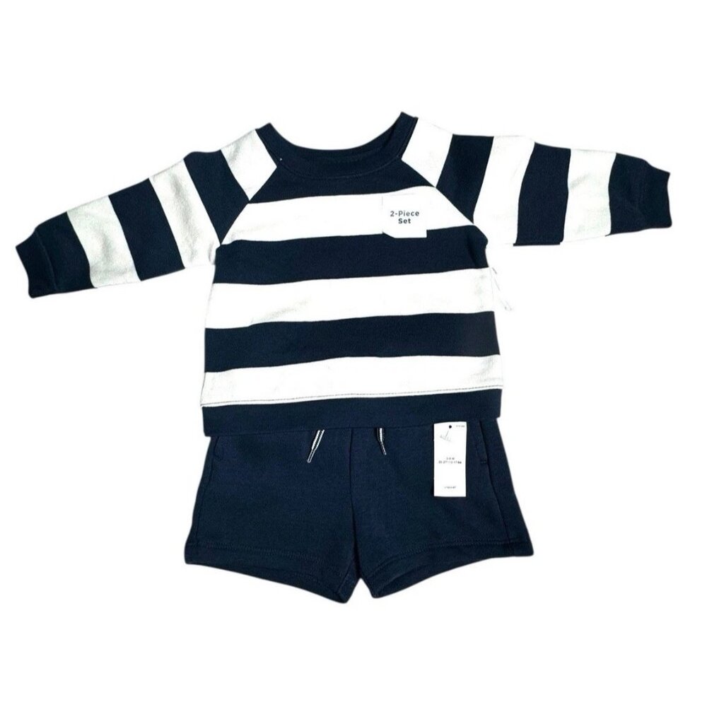 Old Navy Baby Set Striped Long Sleeve Top Solid Shorts Blue White Sz 3-6 Mos NWT